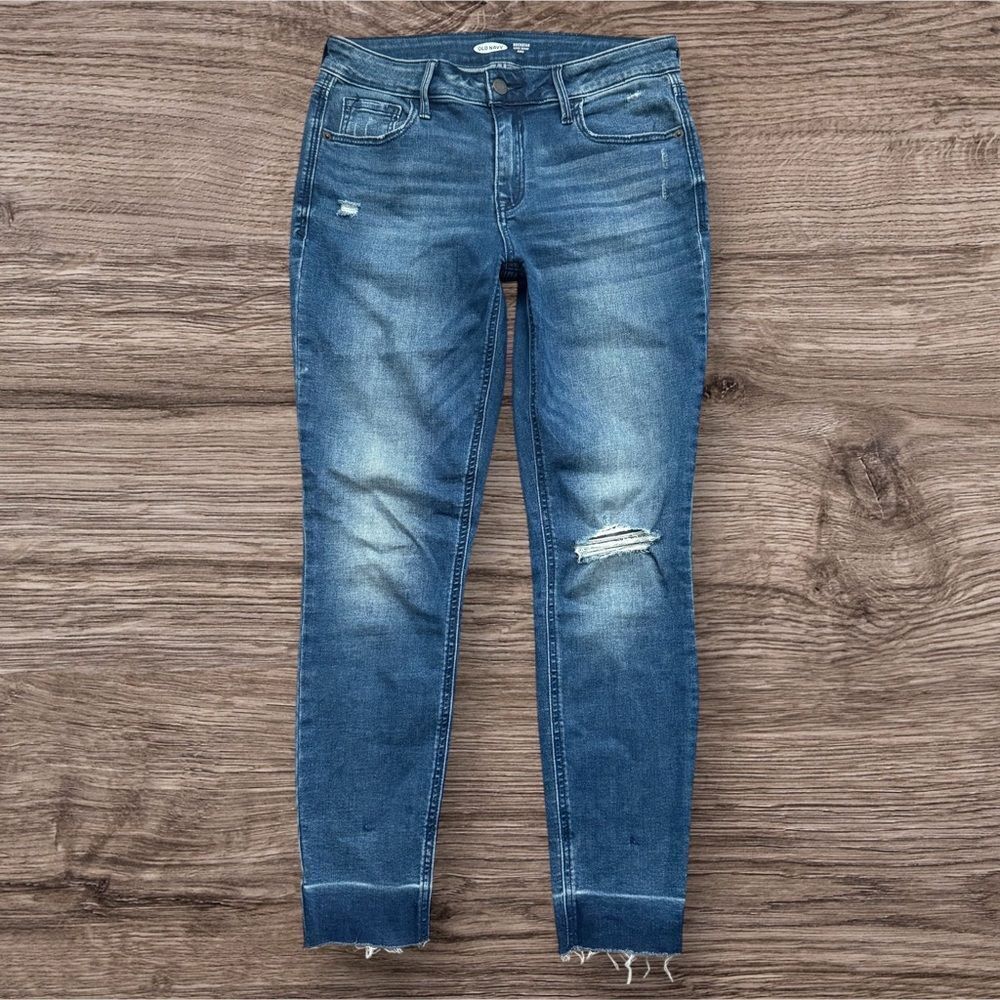 Old Navy Rockstar Super Skinny Ankle Jeans Dark Blue Grass Distressed Size 4 - Picture 1 of 7